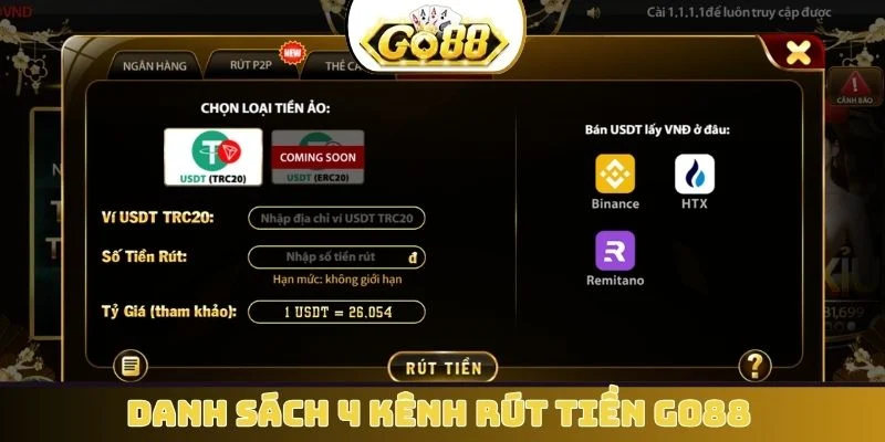 Danh sách 4 kênh rút tiền GO88 phục vụ người chơi